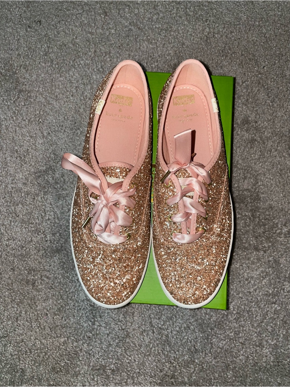 Kate Spade x Keds rose gold glitter sneakers with blush ribbon laces